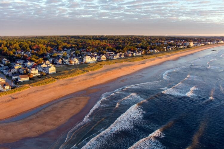 Aerial view of Old Orchard beach Maine during early Autumn at Sunrise