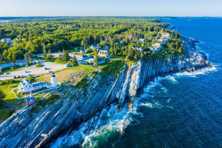Aerial view of Pemaquid Point Lighthouse, a lighthouse located near Bristol, Maine, at the tip of the Pemaquid Neck