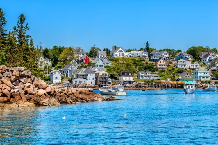Picturesque New England fishing village waterfront and harbor. Location: Stonington, Maine